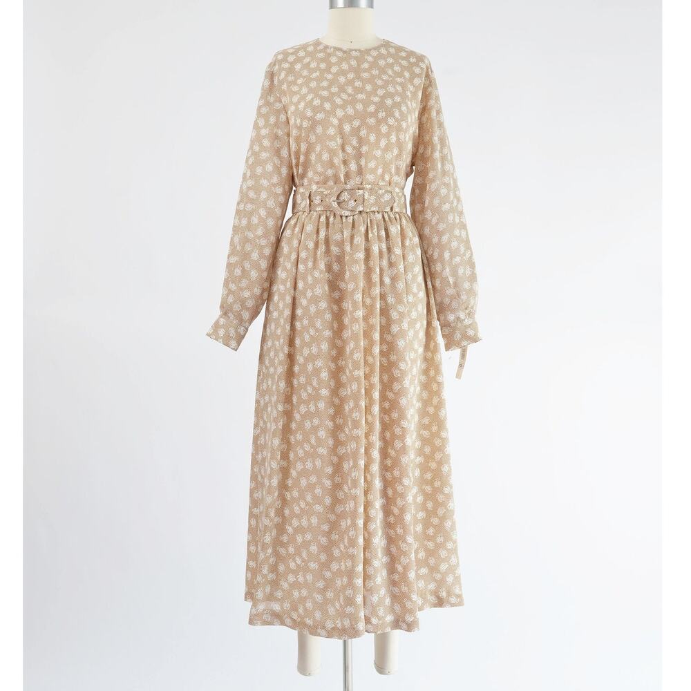 Vintage Tan Floral Blouse and Skirt Set Sheer Full Pleated Midi Dress Belted S M